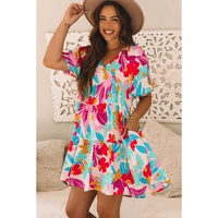 Rose Red Floral Bubble Sleeve V Neck Tiered Ruffle Babydoll Dress - XL thumbnail