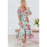 Rose Red Floral Knot Puff Sleeve V Neck Buttoned Front Split Lace Maxi Dress - M thumbnail