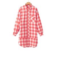 Pink Oversized Plaid Puff Sleeve Round Hem Shirt Dress - M thumbnail