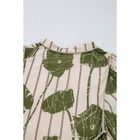 Guacamole Green Floral Striped Print Contrast Piping Puff Sleeve Dress - L thumbnail