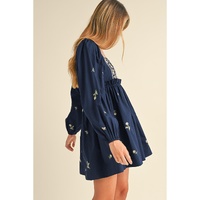 Blue Floral Embroidered Square Neck Puff Sleeve Ruffled Mini Dress - L thumbnail