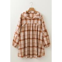 Brown Plaid Print Side Pockets Frilled Babydoll Mini Dress - S thumbnail