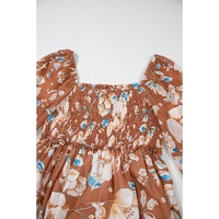 Brown Floral Print Shirred Square Neck High Waist Maxi Dress - L thumbnail