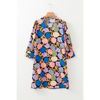 Navy Blue Hydrangea Floral Print Bishop Sleeve V Neck Shift Dress - L thumbnail