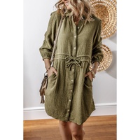 Jungle Green Textured Bracelet Sleeve Collared Button Up Dual Tied Mini Dress - S thumbnail