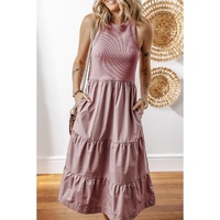 Sepia Rose Ribbed Vest Patchwork Tiered Midi Dress with Pockets - L thumbnail