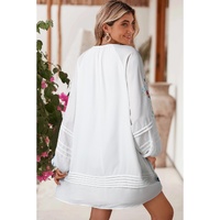 White Floral Print Boho Tassel Tie Split Neck Tucking Detail Puff Sleeve Mini Dress - M thumbnail