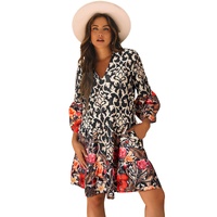 Black Retro Floral Mixed Print Split Neck A-line Dress - M thumbnail