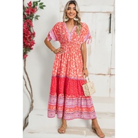 Red Floral Print Tasseled Tied Sleeve Empire Waist Maxi Dress - L thumbnail