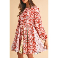 Red Colorful Floral Patchwork Long Sleeve Pleated Mini Dress - L thumbnail