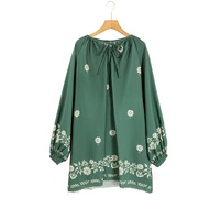 Mist Green Tie Neck Boho Floral Pattern Puff Sleeve Shift Dress - M thumbnail