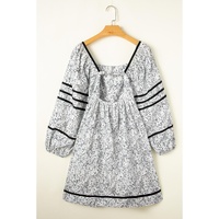 Gray Floral Print Open Back Balloon Sleeve Square Neck Mini Dress - L thumbnail