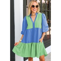 Dark Blue Colorblock Frilled V Neck Puff Half Sleeve Shift Dress - M thumbnail