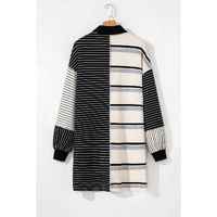 Black Stripe Colorblock Knit Henley Collar Shift Long Sleeve Mini Dress - M thumbnail