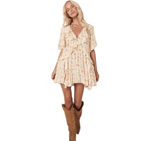 Apricot Boho Floral Tassel Tie V Neck Ruffle Wide Sleeve Mini Dress - M thumbnail