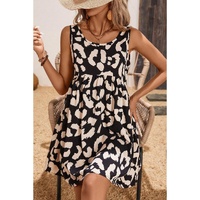 Black Leopard Print U Neck Sleeveless High Waist Dress - S thumbnail