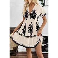 Black Vintage Print V Neck High Waist Short Sleeve Dress - S thumbnail
