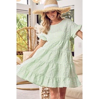 Green Stripe Textured Tiered Short Sleeve Loose Mini Dress - S thumbnail