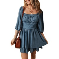 Real Teal Frilled Neckline 3/4 Sleeve Layered Ruched Mini Dress - M thumbnail