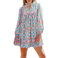 Sky Blue Abstract Printed Long Sleeve Tied Neckline Mini Dress - L thumbnail