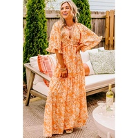Orange Floral Print Smocked V Neck Wide Sleeve Maxi Dress - L thumbnail