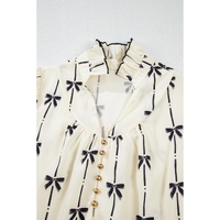 Beige Cute Bowknot Printed Bubble Sleeve V Neck Mini Dress - L thumbnail