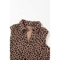 Khaki Leopard Print V Neck Sleeveless Collared Mini Dress - L thumbnail