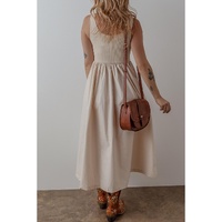 Beige Scoop Neck Ribbed Bodice Pleated Sleeveless Long Dress - M thumbnail