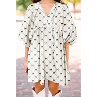 White Bowtie Pattern Textured Puff Half Sleeve Loose Mini Dress - M thumbnail