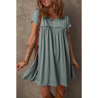Mist Green Frilled Gathered Seam Round Neck T Shirt Dress - M thumbnail