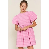 Bonbon Textured Bubble Sleeve High Waist Mini Dress - L thumbnail