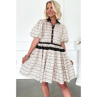 Black Boho Floral Striped Contrast Trim Bubble Sleeve Flared Dress - L thumbnail