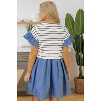 Black Stripe Ruffle Denim Patchwork Round Neck Mini Dress - L thumbnail