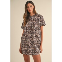 Brown Leopard Print Crew Neck Shift Short T Shirt Dress - L thumbnail
