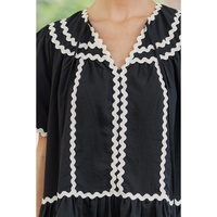 Black Contrast Ricrac Trim Short Sleeve V Neck Loose Mini Dress - L thumbnail