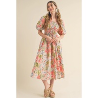 Apricot Pink Floral Smocked Bust Bubble Short Sleeve Maxi Dress - L thumbnail