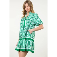 Bright Green Abstract Patterned V Neck Puff Short Sleeve Mini Dress - M thumbnail