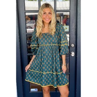 Skobeloff Floral Contrast Trim Square Neck Puff Sleeve Dress - L thumbnail