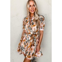 Brown Abstract Printed Puff Sleeve Button Up Braided Belt Mini Dress - L thumbnail