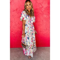 Rose Abstract Print Short Puff Sleeve Tiered Maxi Dress - M thumbnail