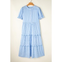 Sky Blue Stripe Bubble Short Sleeve Tiered Scallop Long Dress - S thumbnail