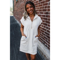 White Textured Half Zip Collared Cap Sleeve Mini Dress - M thumbnail