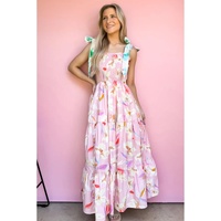 Pink Floral Print Knotted Shoulder Smocked Maxi Dress - L thumbnail
