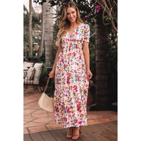 Red Floral Short Sleeve V Neck High Waist Maxi Dress - L thumbnail