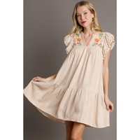 Jet Stream Linen Embroidery Split Neck Pom Pom Ruffle Sleeves Flowy Short Dress - L thumbnail