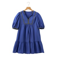 Bluing Colorful Striped Trim Puff Sleeve Pleated Mini Dress - L thumbnail