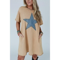 Pale Khaki Mineral Wash Stud Beaded Star Graphic Pocketed T Shirt Dress - S thumbnail