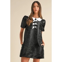 Black Floral Embossed Puff Sleeve Colorblock Bow Collared Mini Dress - S thumbnail