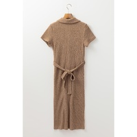 Buckskin Short Sleeve Textured Button Up Tie Waist Long Dress - S thumbnail