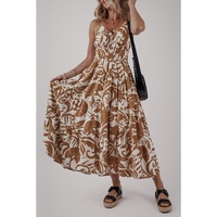 Khaki Floral Shirred High Waist Spaghetti Straps Maxi Dress - L thumbnail
